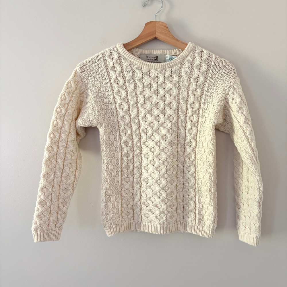 Aran Sweater Market Kids 6-7 Cream Merino Wool Cable Knit Irish Fisherman